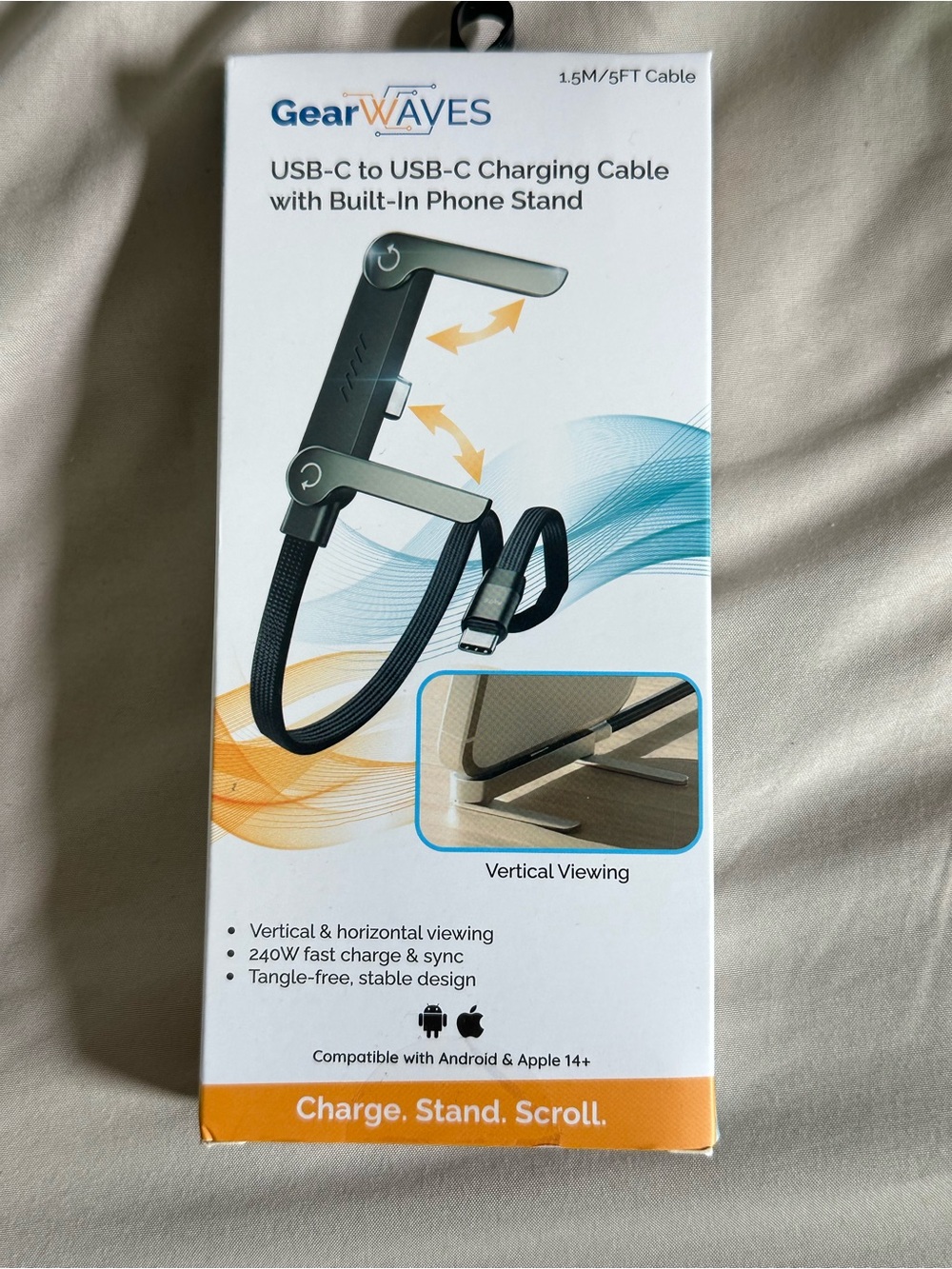 Black USB-C to USB-C Charging Cable with Built-In Phone Stand - 5 FT